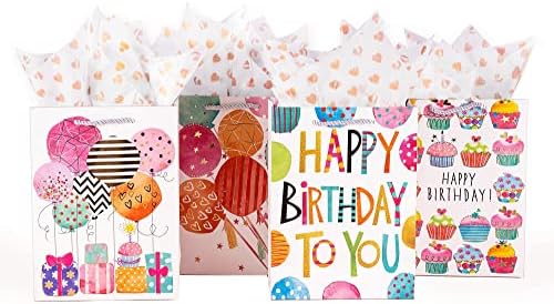 שקיות מתנה ליום הולדת קטנות של Officecastle עם נייר טישו צבעוני | 7x4x9 אינץ ', 4 חבילות שקיות יום הולדת